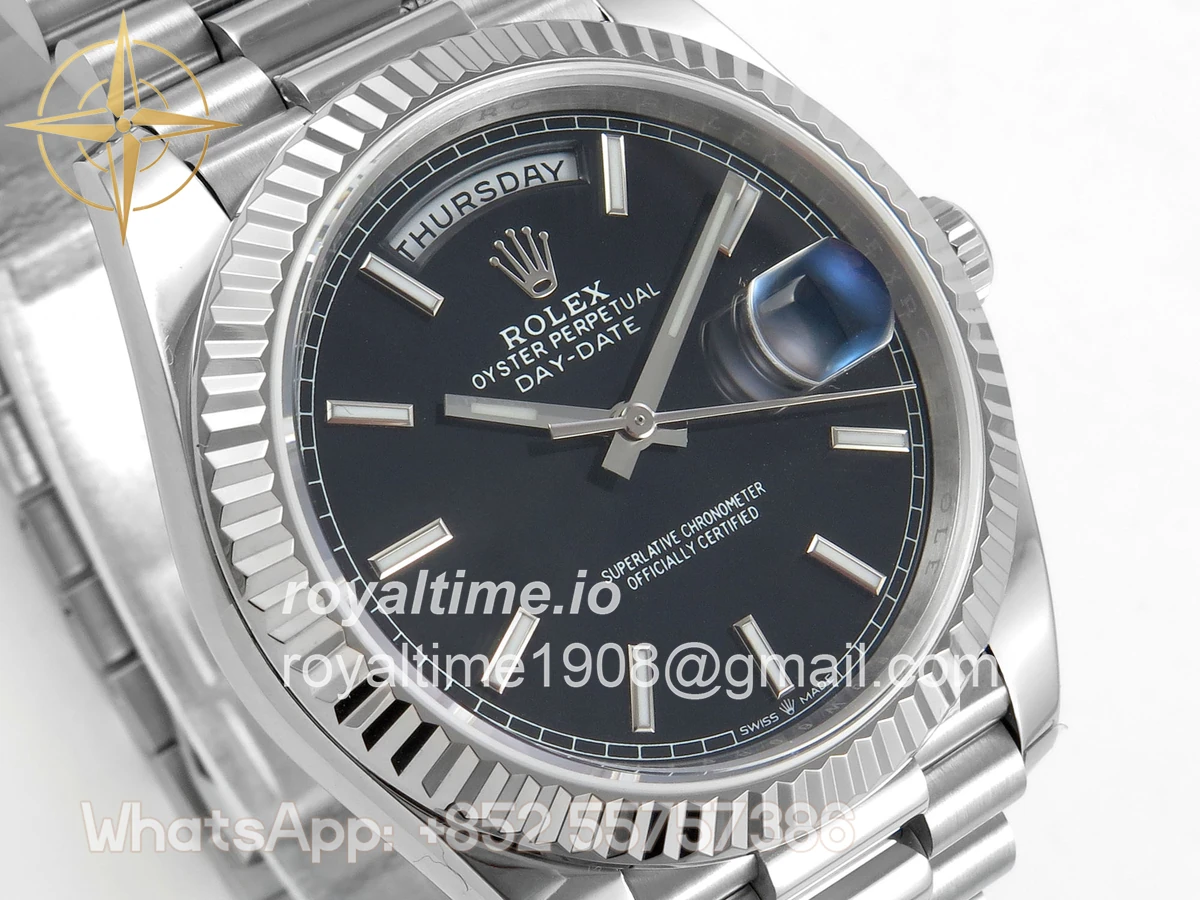 Rolex Day Date 40 SS TMF Black Stick Dial on President Bracelet VR3255 (Weighted) 208g - Image 4