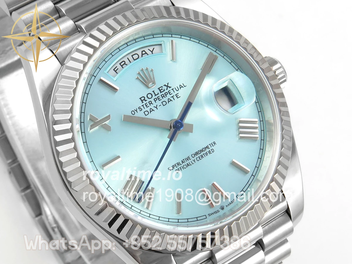 Rolex Day Date 40 SS TMF Ice Blue Roman Dial on President Bracelet VR3255 (Weighted) 208g - Image 4