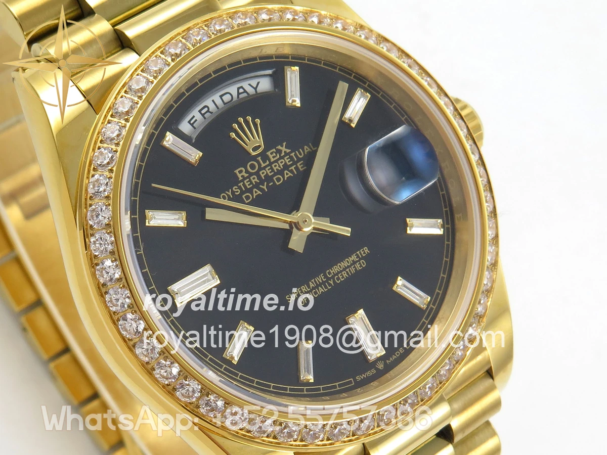 Rolex Day Date 40 YG TMF Black Crystal Dial Diamonds Bezel on President Bracelet VR3255 (220g) - Image 4