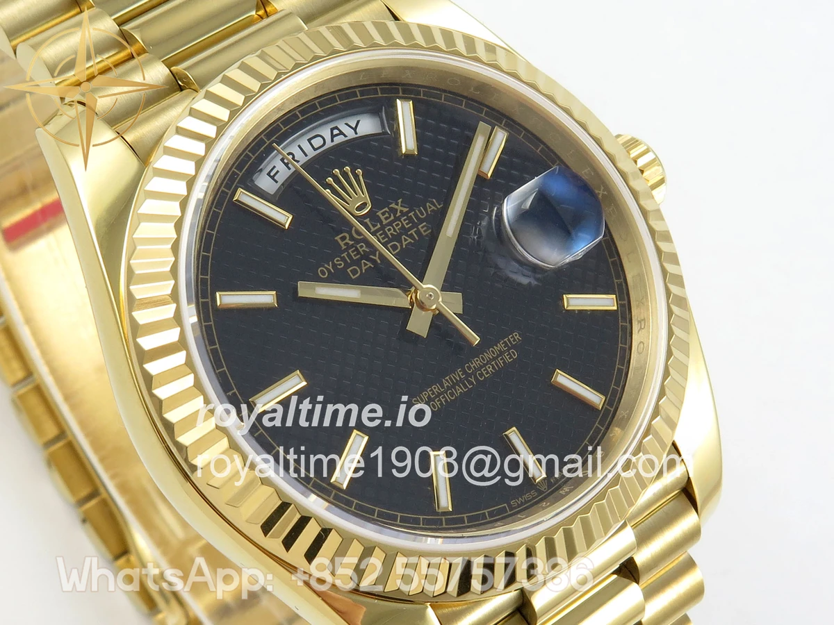 Rolex Day Date 40 YG TMF Black Textured Stick Dial on President Bracelet VR3255 - Image 4