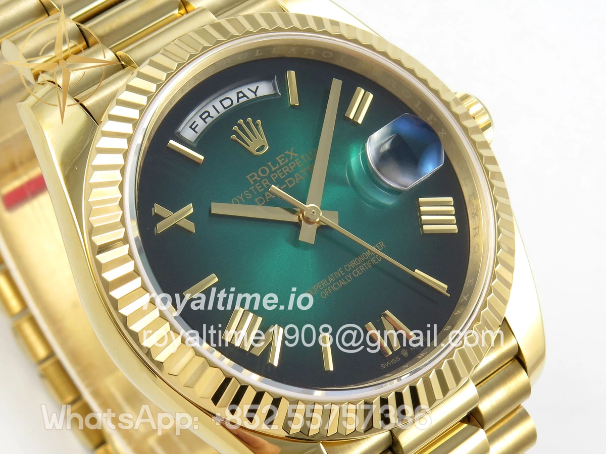 Rolex Day Date 40 YG TMF Green Ombre Roman Dial on President Bracelet VR3255 (Weighted) 208g - Image 4