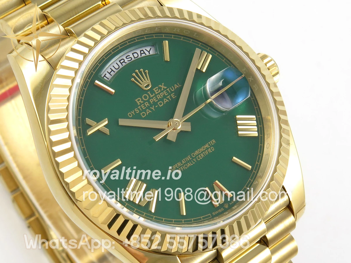 Rolex Day Date 40 YG TMF Green Roman Dial on President Bracelet VR3255 (Weighted) 208g - Image 4