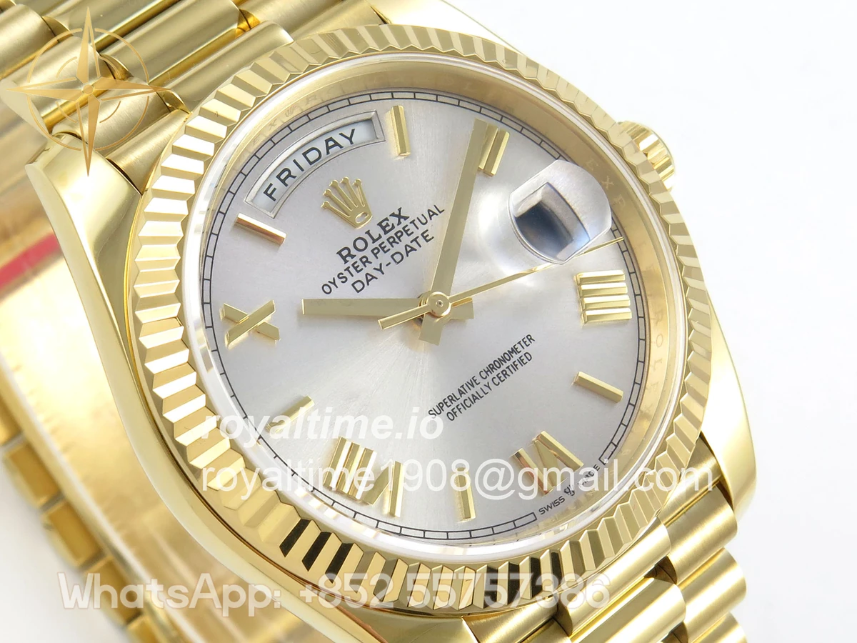 Rolex Day Date 40 YG TMF Silver Roman Dial on President Bracelet VR3255 (Weighted) 208g - Image 4