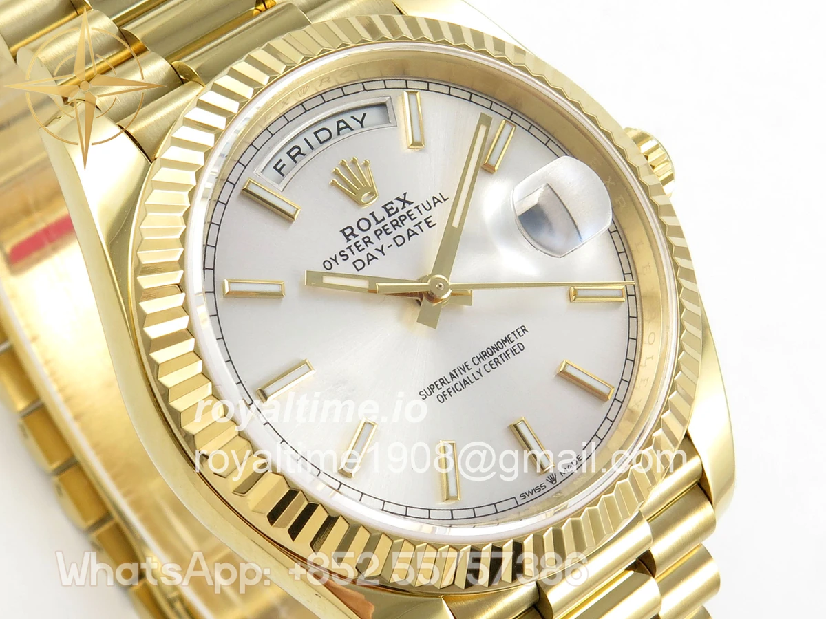 Rolex Day Date 40 YG TMF Silver Stick Dial on President Bracelet VR3255 (Weighted) 208g - Image 4