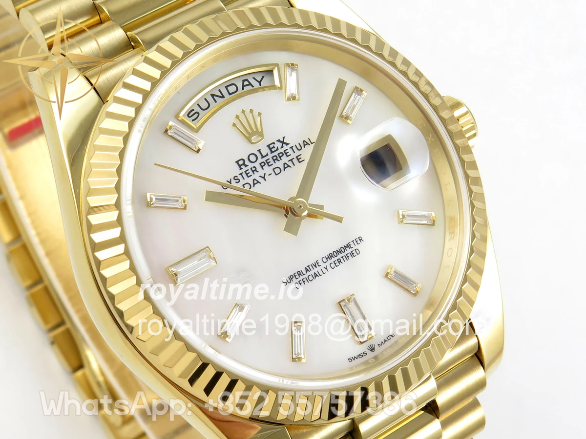 Rolex Day Date 40 YG TMF White MOP Diamonds Dial on President Bracelet VR3255 (Weighted) 208g - Image 4