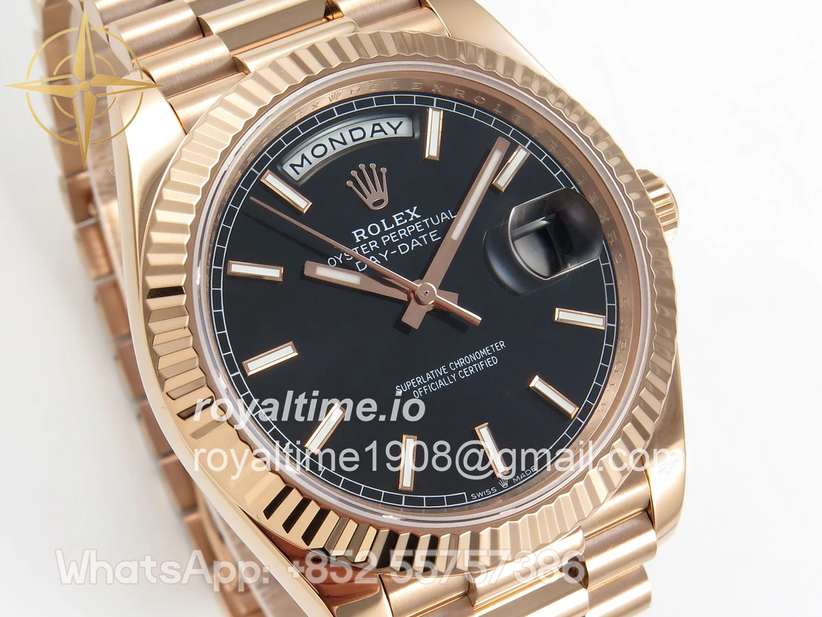Rolex DayDate 40 RG QF 904L Steel Black Stick Dial on President Bracelet VR3255 V8 (Gain Weight) - Image 4
