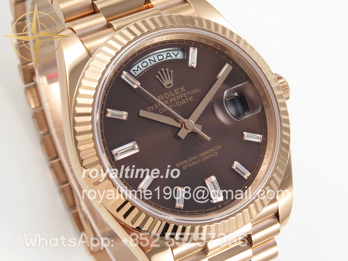 Rolex DayDate 40 RG QF 904L Steel Brown Crystal Dial on President Bracelet VR3255 V8 (Gain Weight) - Image 4