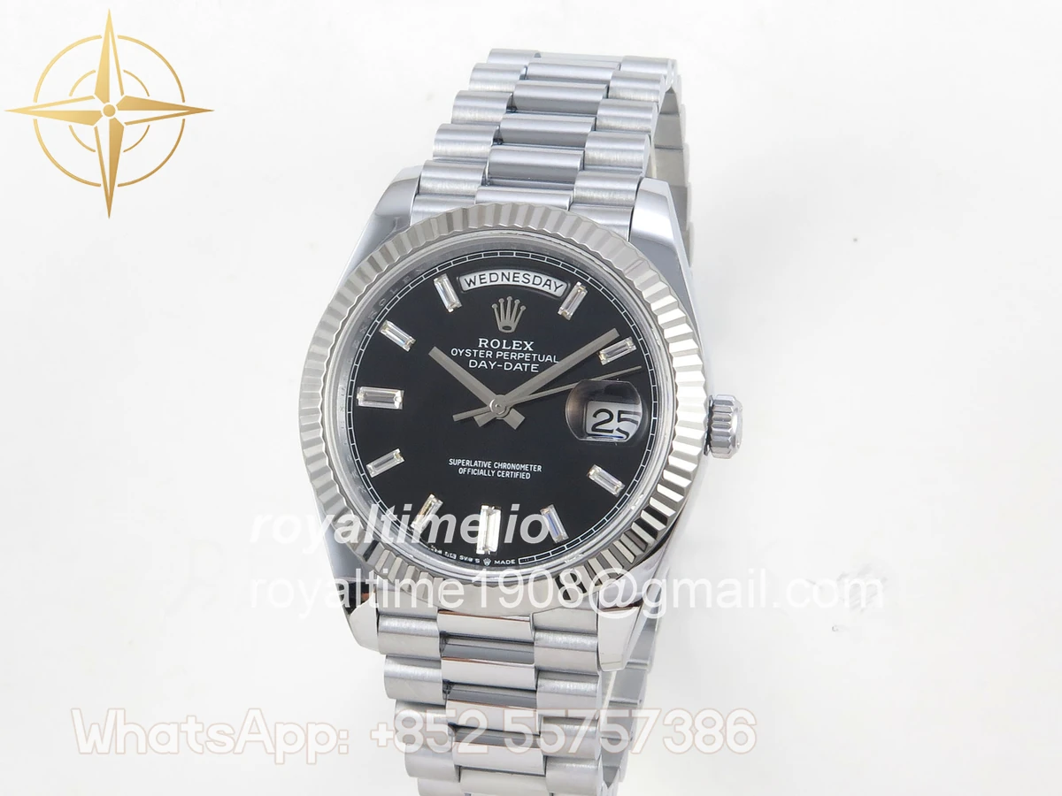 Rolex DayDate 40 SS QF 904L Steel Black Crystal Dial on President Bracelet VR3255 V8 (Gain Weight) - Image 4