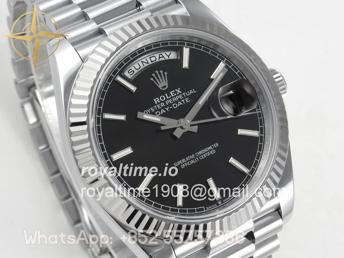 Rolex DayDate 40 SS QF 904L Steel Black Stick Dial on President Bracelet VR3255 V8 (Gain Weight) - Image 4