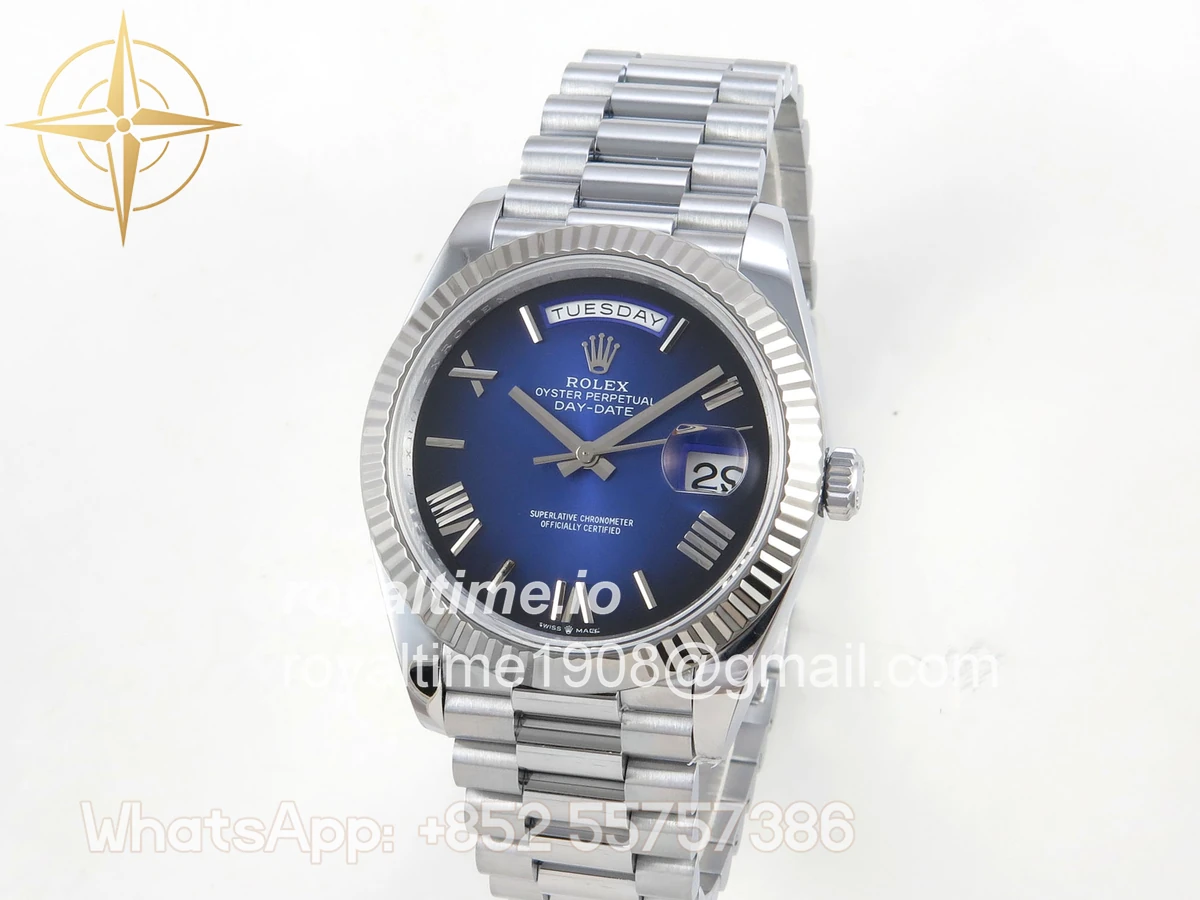 Rolex DayDate 40 SS QF 904L Steel Blue Ombre Roman Dial on President Bracelet VR3255 V8 (Gain Weight) - Image 4