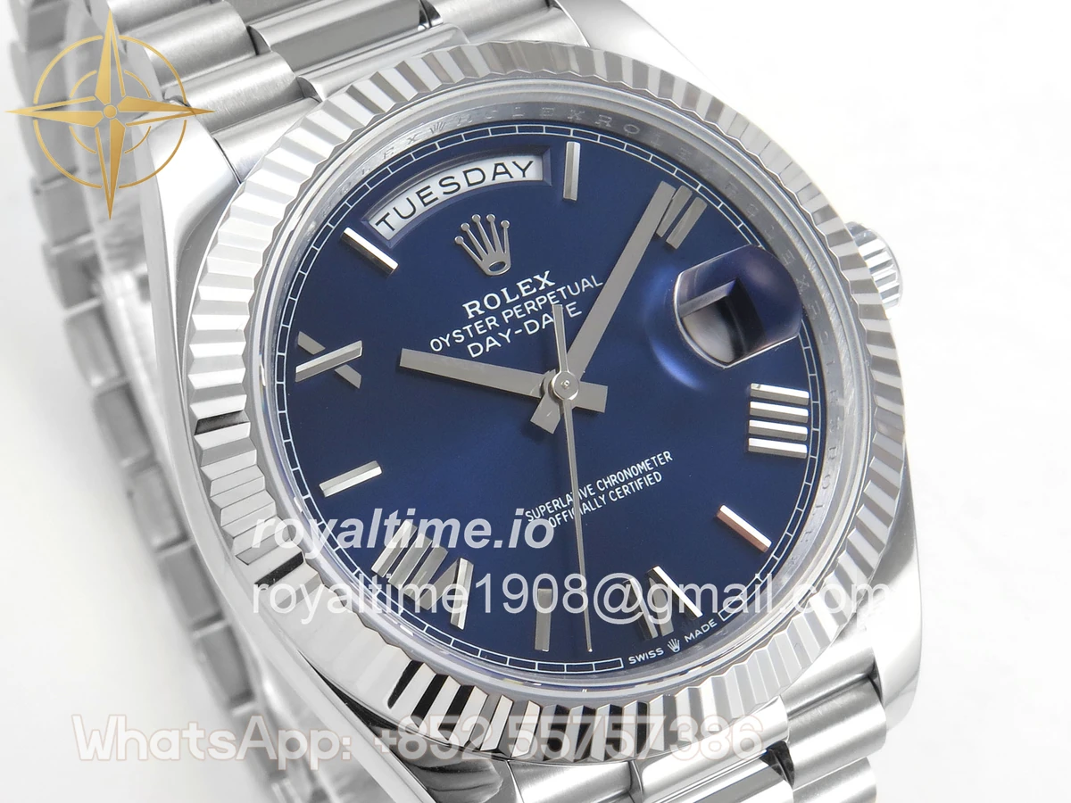 Rolex DayDate 40 SS QF 904L Steel Blue Roman Dial on President Bracelet VR3255 V8 (Gain Weight) - Image 4