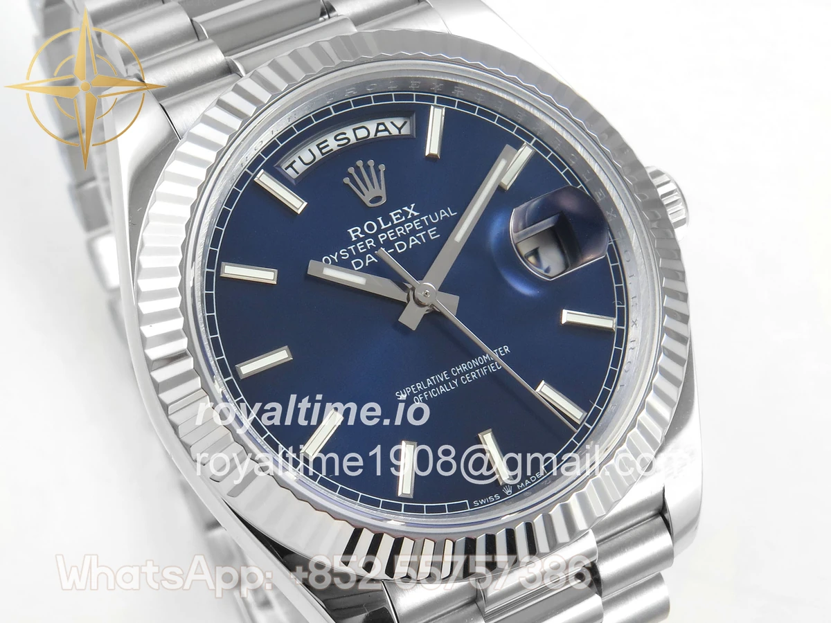 Rolex DayDate 40 SS QF 904L Steel Blue Stick Dial on President Bracelet VR3255 V8 (Gain Weight) - Image 4