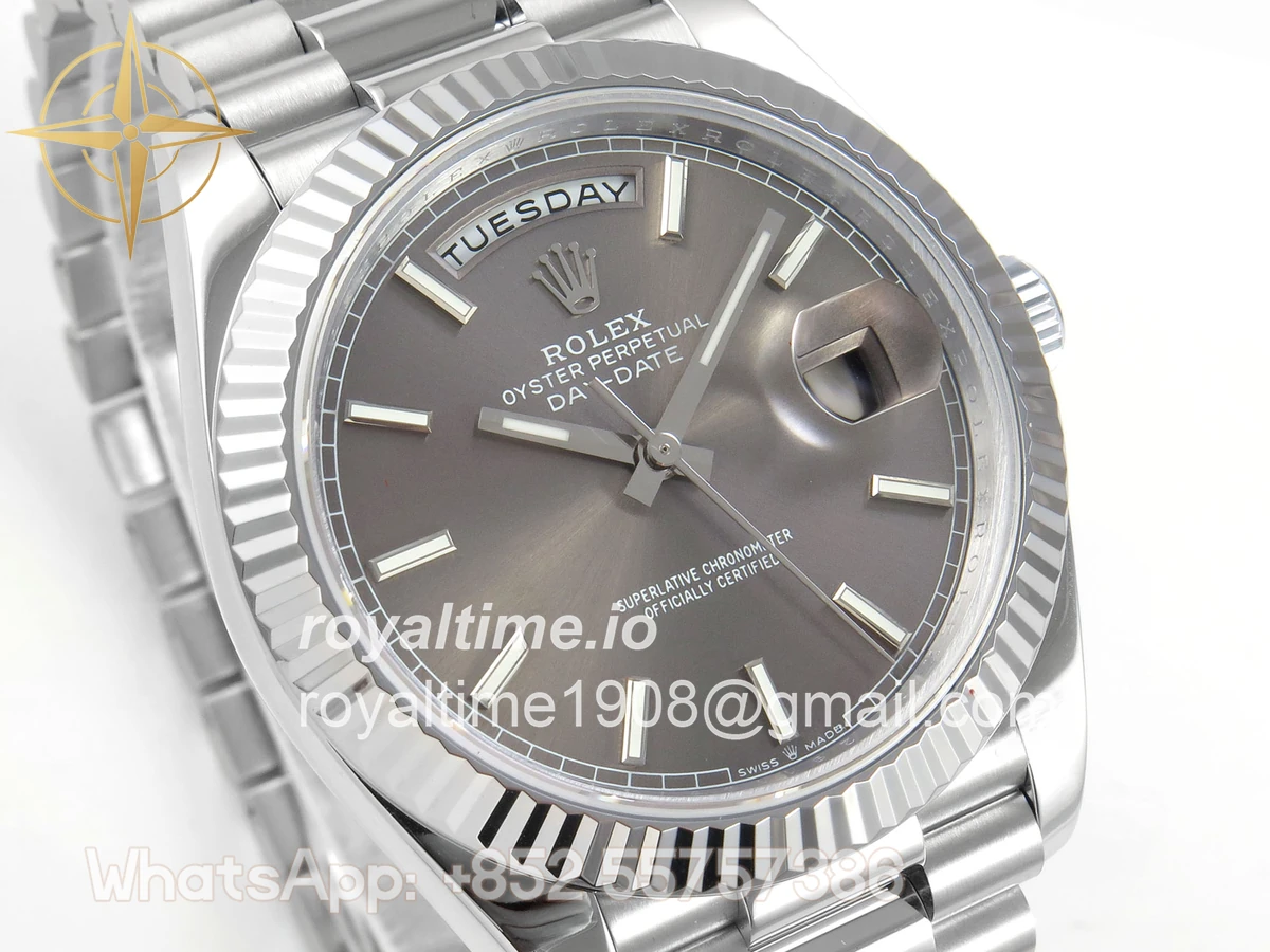 Rolex DayDate 40 SS QF 904L Steel Gray Stick Dial on President Bracelet VR3255 V8 (Gain Weight) - Image 4