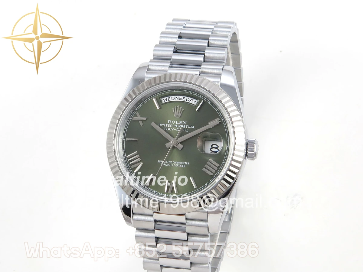Rolex DayDate 40 SS QF 904L Steel Green Roman Dial on President Bracelet VR3255 V8 (Gain Weight) - Image 4