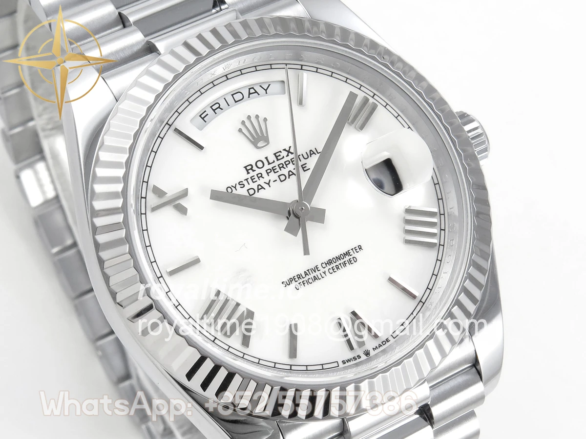 Rolex DayDate 40 SS QF 904L Steel White Roman Dial on President Bracelet VR3255 V8 (Gain Weight) - Image 4