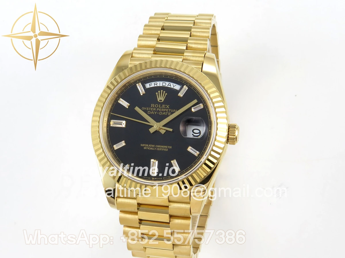 Rolex DayDate 40 YG QF 904L Steel Black Crystal Dial on President Bracelet VR3255 V8 (Gain Weight) - Image 4