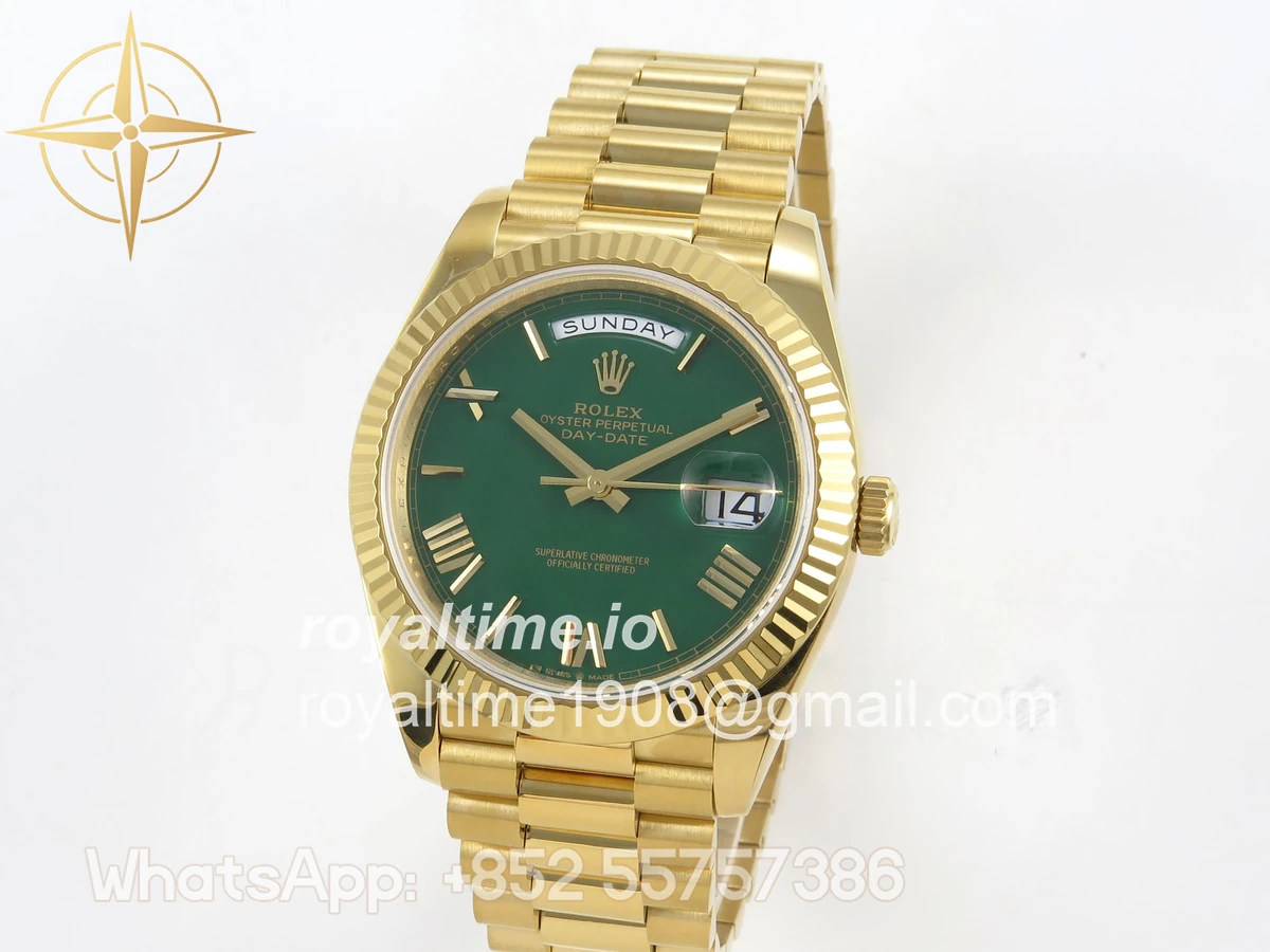 Rolex DayDate 40 YG QF 904L Steel Green Roman Dial on President Bracelet VR3255 V8 (Gain Weight) - Image 4