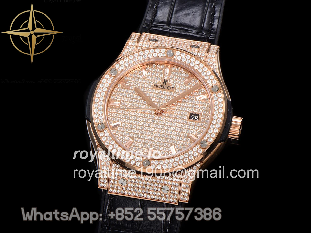 Hublot Classic Fusion Automatic 42mm Diamond Paved Dial in Rose Gold on Black Leather Strap - Image 4