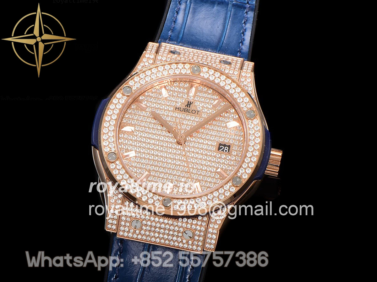 Hublot Classic Fusion Automatic 42mm Diamond Paved Dial in Rose Gold on Blue Leather Strap - Image 4