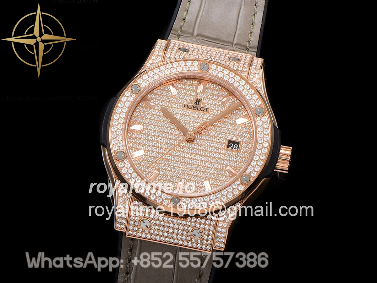 Hublot Classic Fusion Automatic 42mm Diamond Paved Dial in Rose Gold on Brown Leather Strap - Image 4