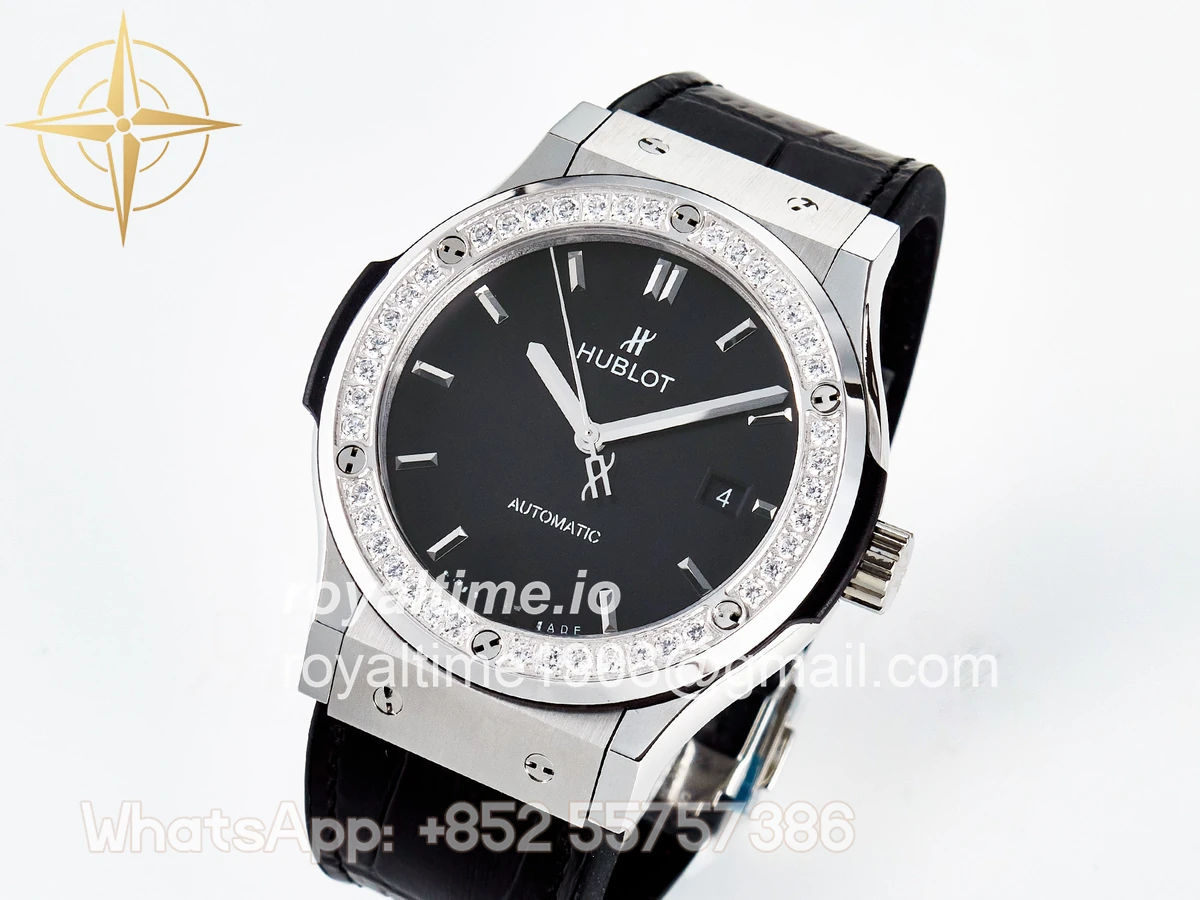 Hublot Classic Fusion Bang 42mm HBF Black Dial Diamonds Bezel on Black Leather Strap A2892 - Image 4