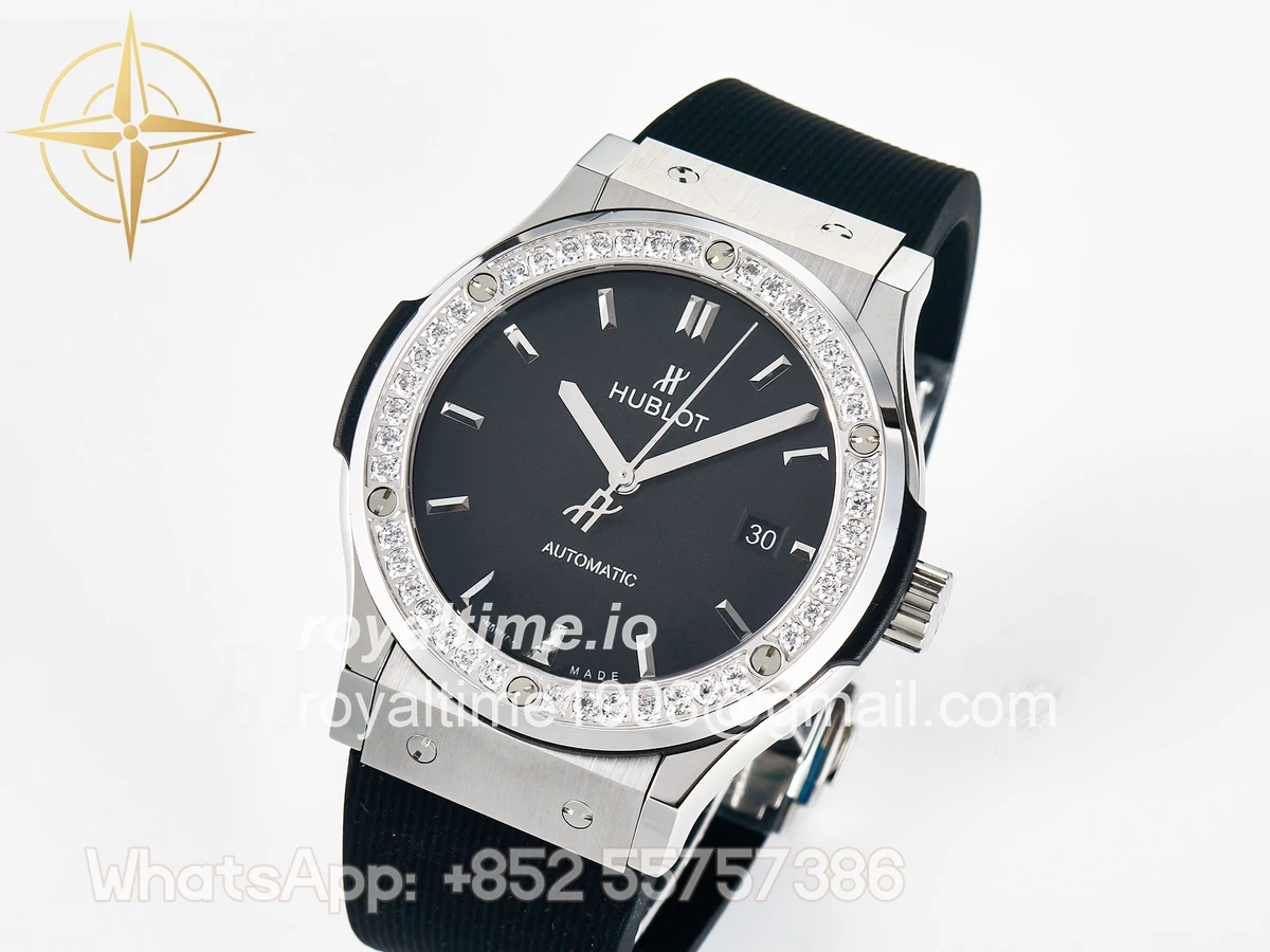 Hublot Classic Fusion Bang 42mm HBF Black Dial Diamonds Bezel on Black Rubber Strap A2892 - Image 4