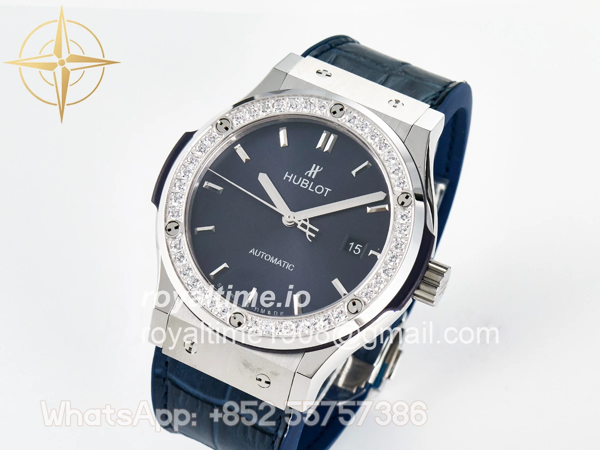 Hublot Classic Fusion Bang 42mm HBF Blue Dial Diamonds Bezel on Blue Leather Strap A2892 - Image 4