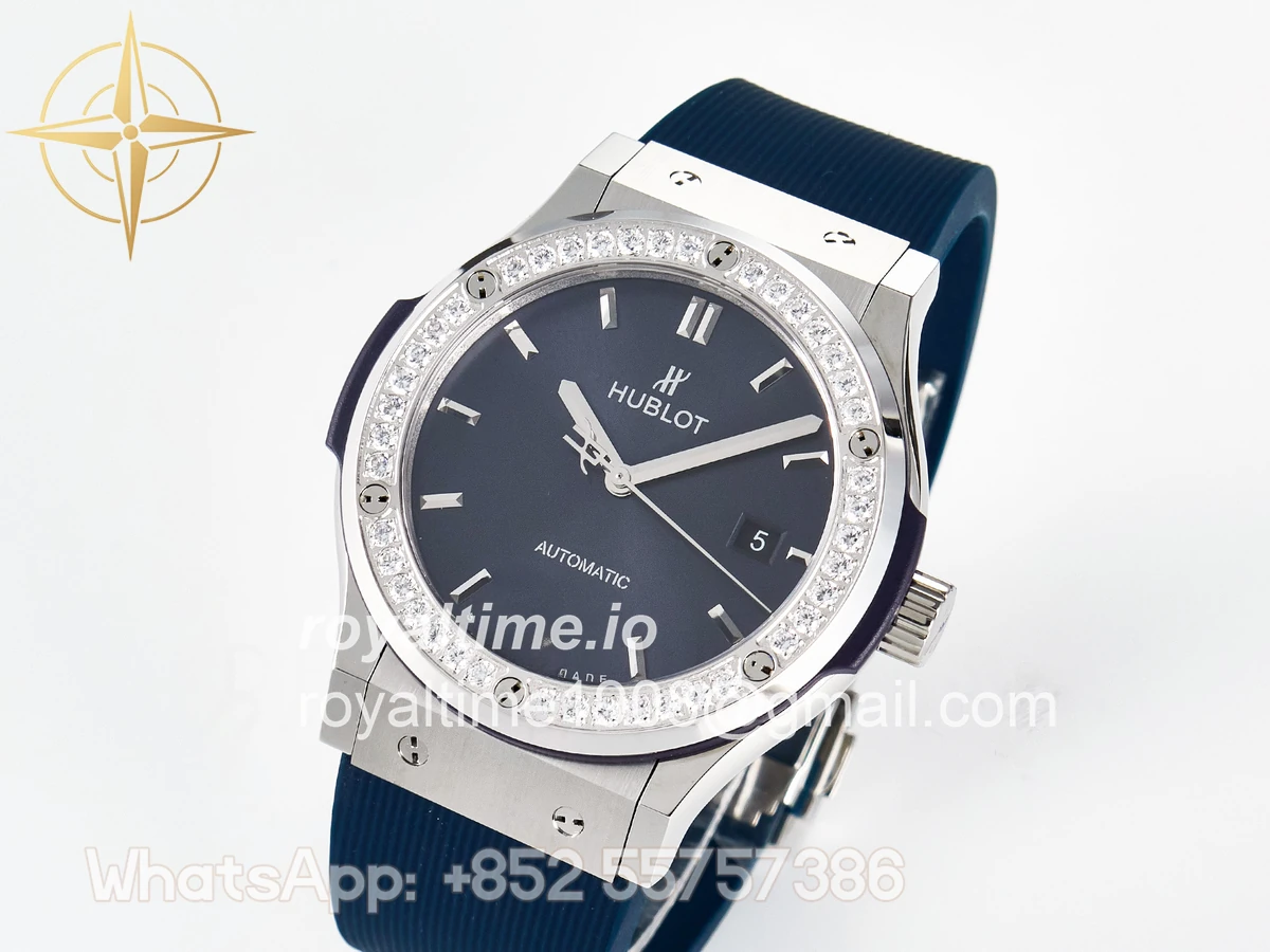 Hublot Classic Fusion Bang 42mm HBF Blue Dial Diamonds Bezel on Blue Rubber Strap A2892 - Image 4