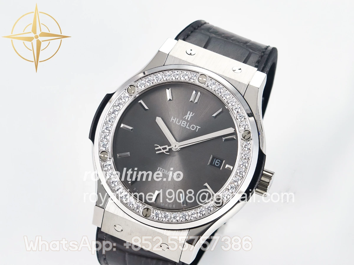 Hublot Classic Fusion Bang 42mm HBF Gray Dial Diamonds Bezel on Gray Leather Strap A2892 - Image 4