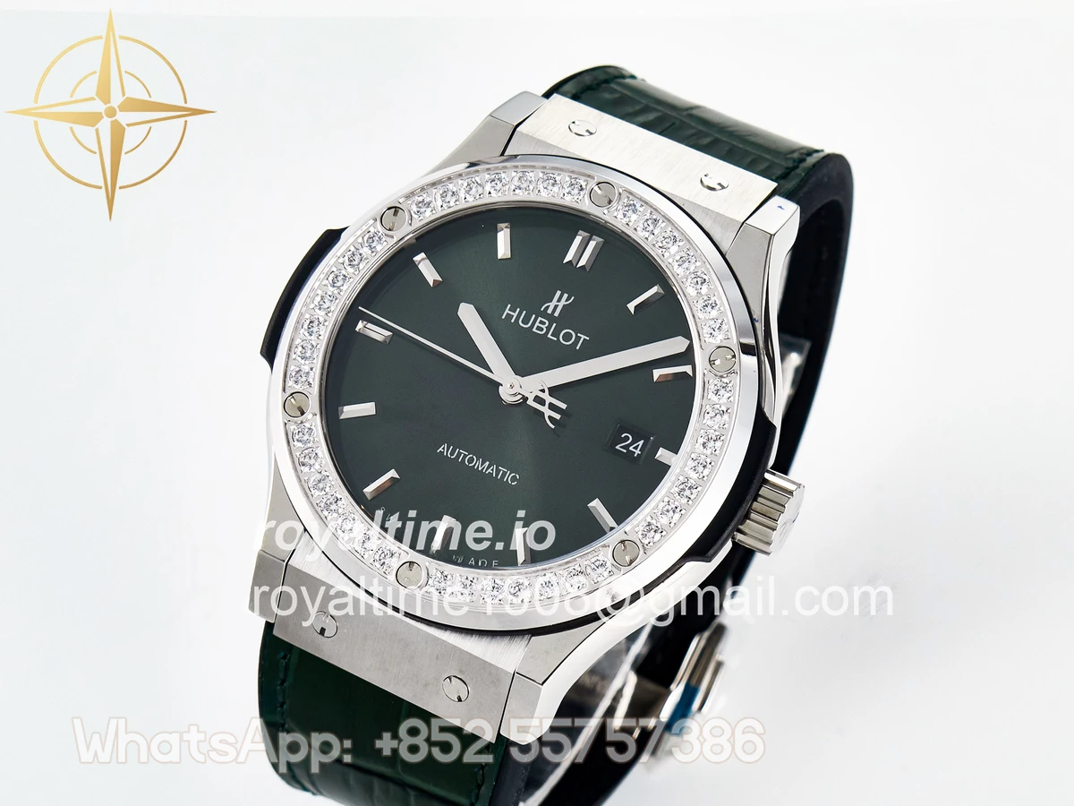 Hublot Classic Fusion Bang 42mm HBF Green Dial Diamonds Bezel on Green Leather Strap A2892 - Image 4