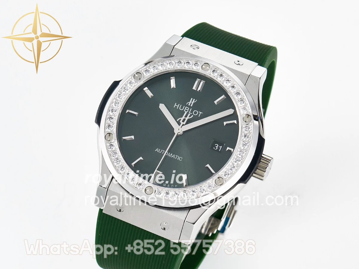 Hublot Classic Fusion Bang 42mm HBF Green Dial Diamonds Bezel on Green Rubber Strap A2892 - Image 4