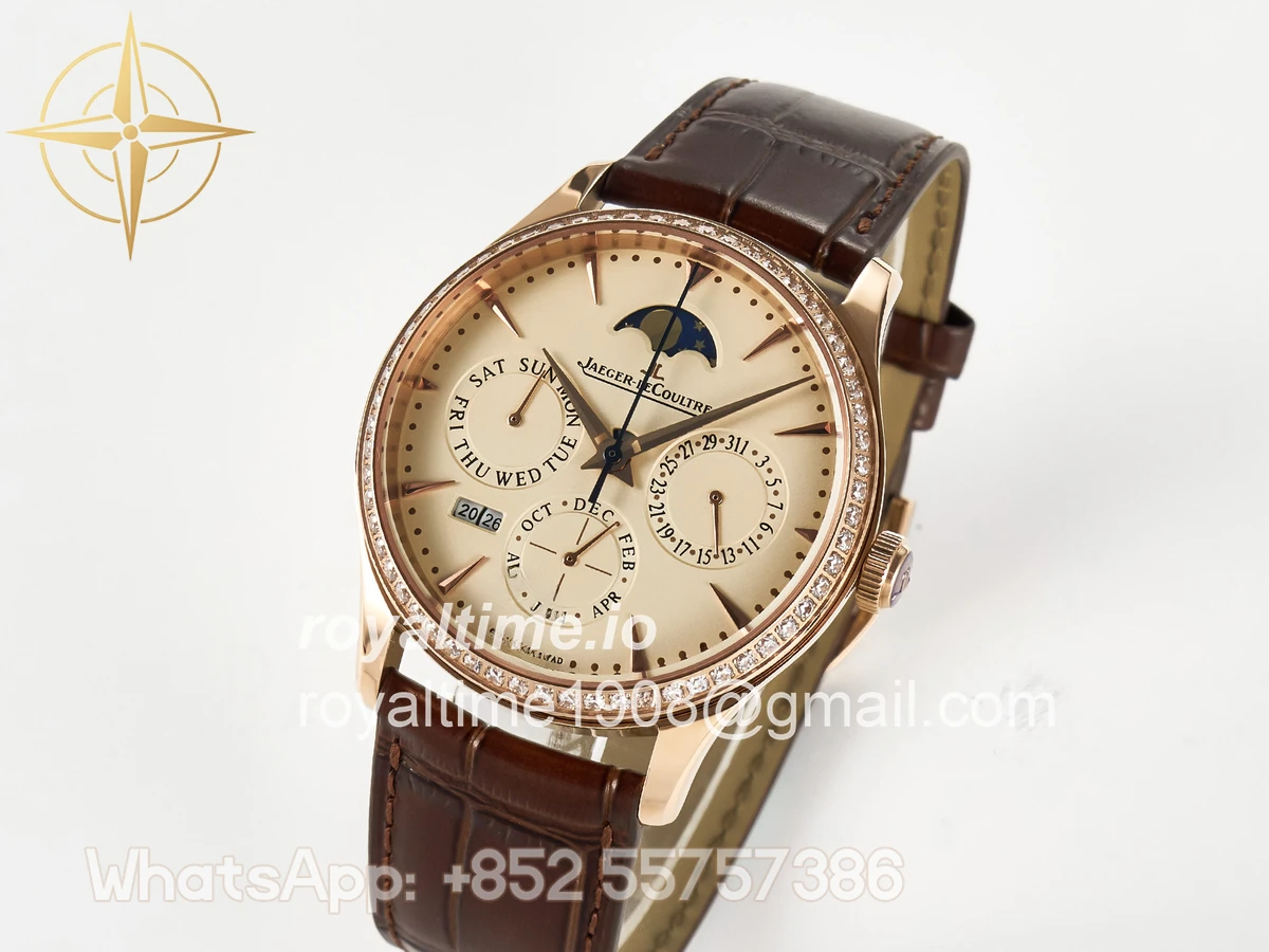 Jaeger-LeCoultre Master Ultra Thin Perpetual Calendar RG V9F Cream Dial Diamonds Bezel on Brown Leather Strap A868 V2 - Image 4