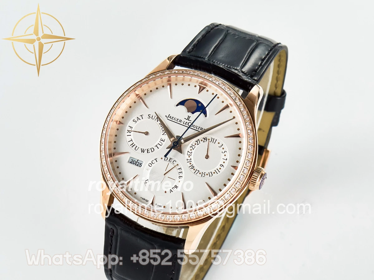 Jaeger-LeCoultre Master Ultra Thin Perpetual Calendar RG V9F White Dial Diamonds Bezel on Black Leather Strap A868 V2 - Image 4