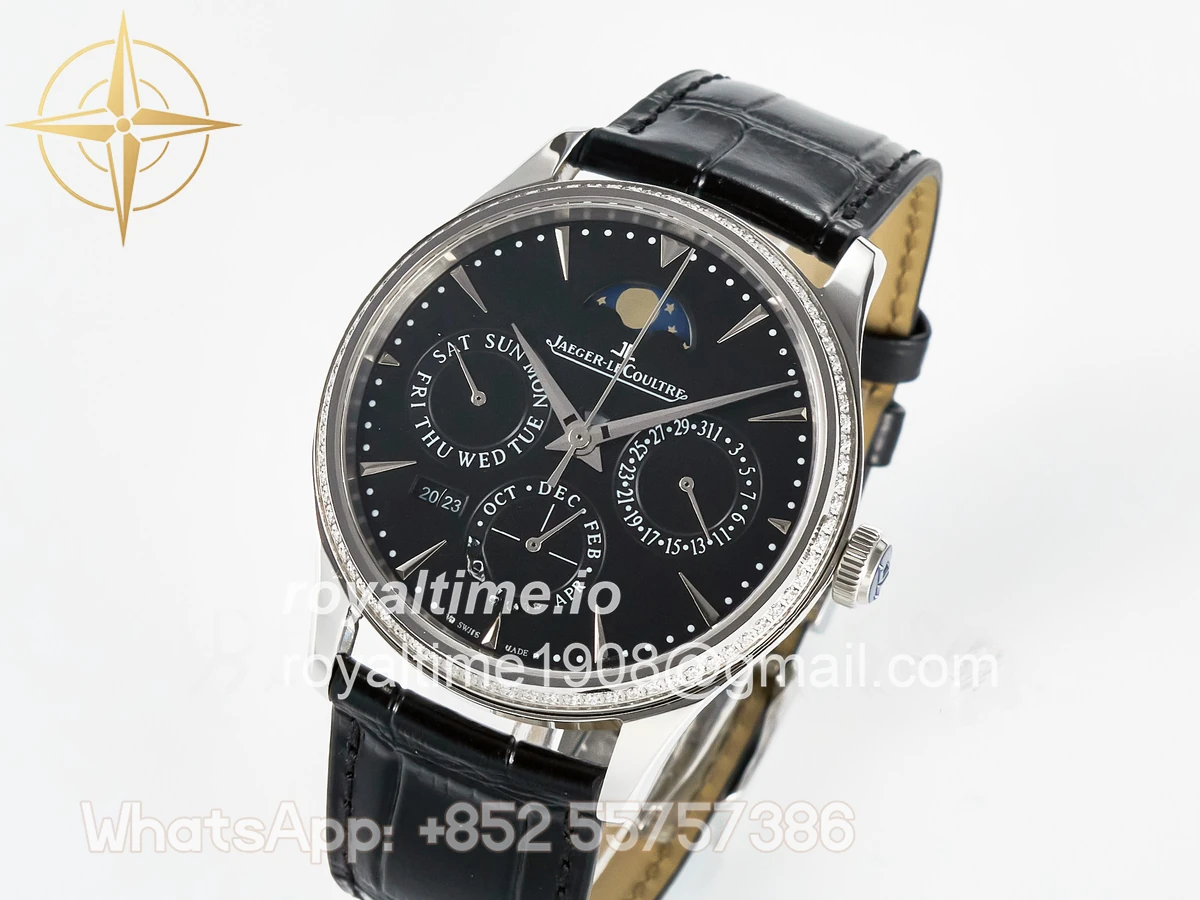 Jaeger-LeCoultre Master Ultra Thin Perpetual Calendar SS V9F Black Dial Diamonds Bezel on Black Leather Strap A868 V2 - Image 4
