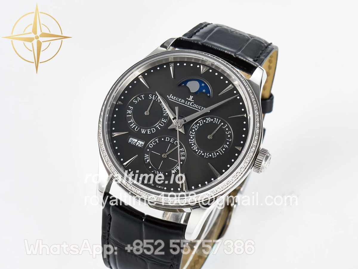 Jaeger-LeCoultre Master Ultra Thin Perpetual Calendar SS V9F Gray Dial Diamonds Bezel on Black Leather Strap A868 V2 - Image 4
