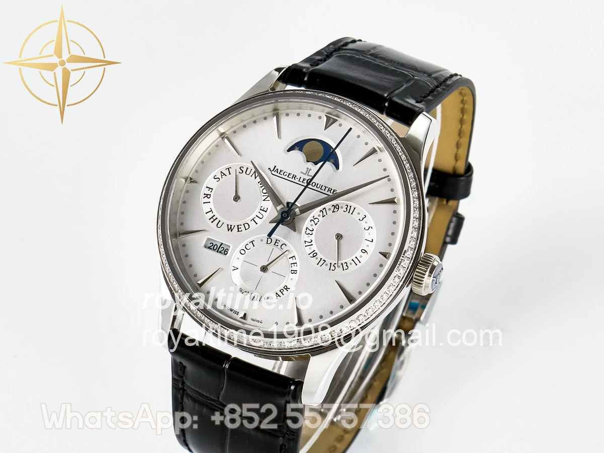 Jaeger-LeCoultre Master Ultra Thin Perpetual Calendar SS V9F White Dial Diamonds Bezel on Black Leather Strap A868 V2 - Image 4