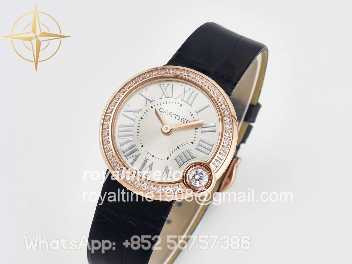 Cartier Ballon Blanc De Cartier 30mm RG DRF Silvered Texture Dial Diamonds Bezel on Black Leather Strap Ronda Quartz - Image 4