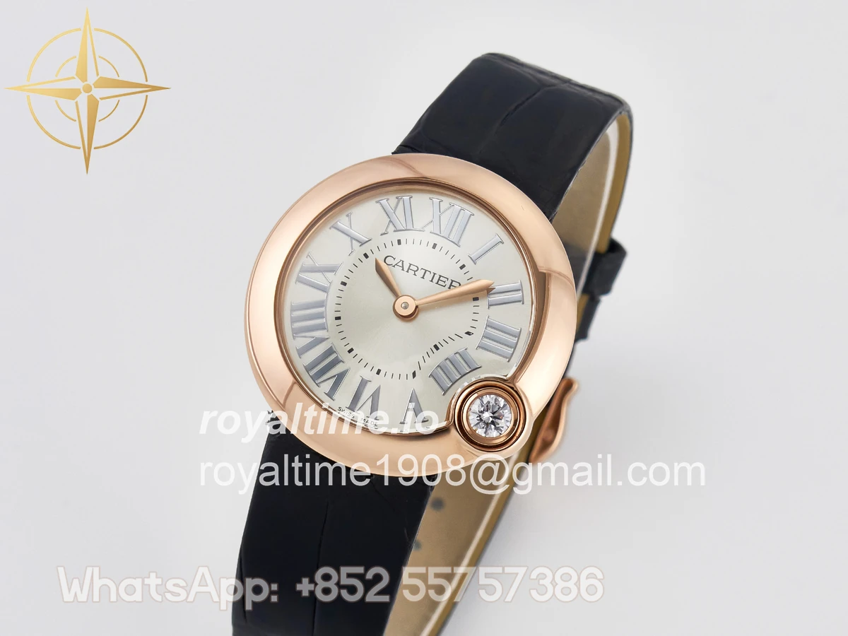 Cartier Ballon Blanc De Cartier 30mm RG DRF Silvered Texture Dial on Black Leather Strap Ronda Quartz - Image 4