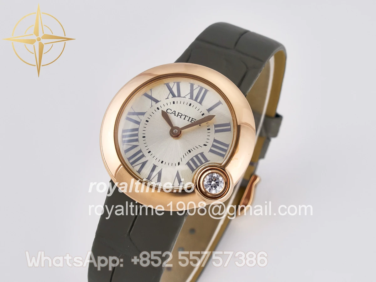 Cartier Ballon Blanc De Cartier 30mm RG DRF Silvered Texture Dial on Green Leather Strap Ronda Quartz - Image 4