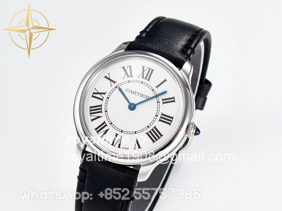 Cartier Ronde De Cartier 36mm DRF Sandblasted Silver-Plated White Dial on Black Leather Strap Ronda Quartz - Image 4