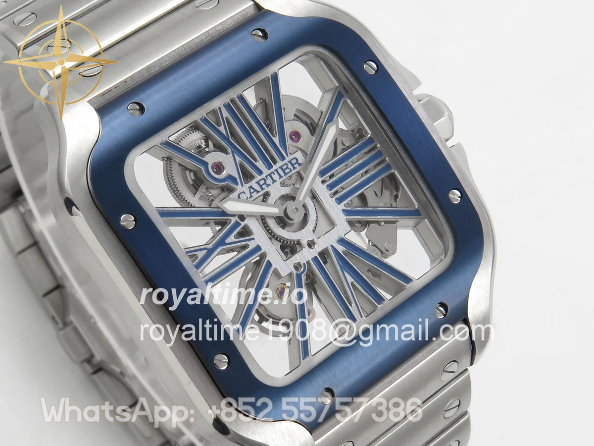 Cartier Santos de Cartier Skeleton SS MLF Skeleton Blue Skeleton Dial Blue Bezel on SS SmartLink Bracelet 9611MC - Image 4