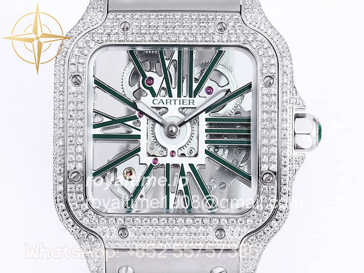 Cartier Santos De Cartier Watch Skeleton Dial Green Marker with Diamond Bezel in Steel - Image 4