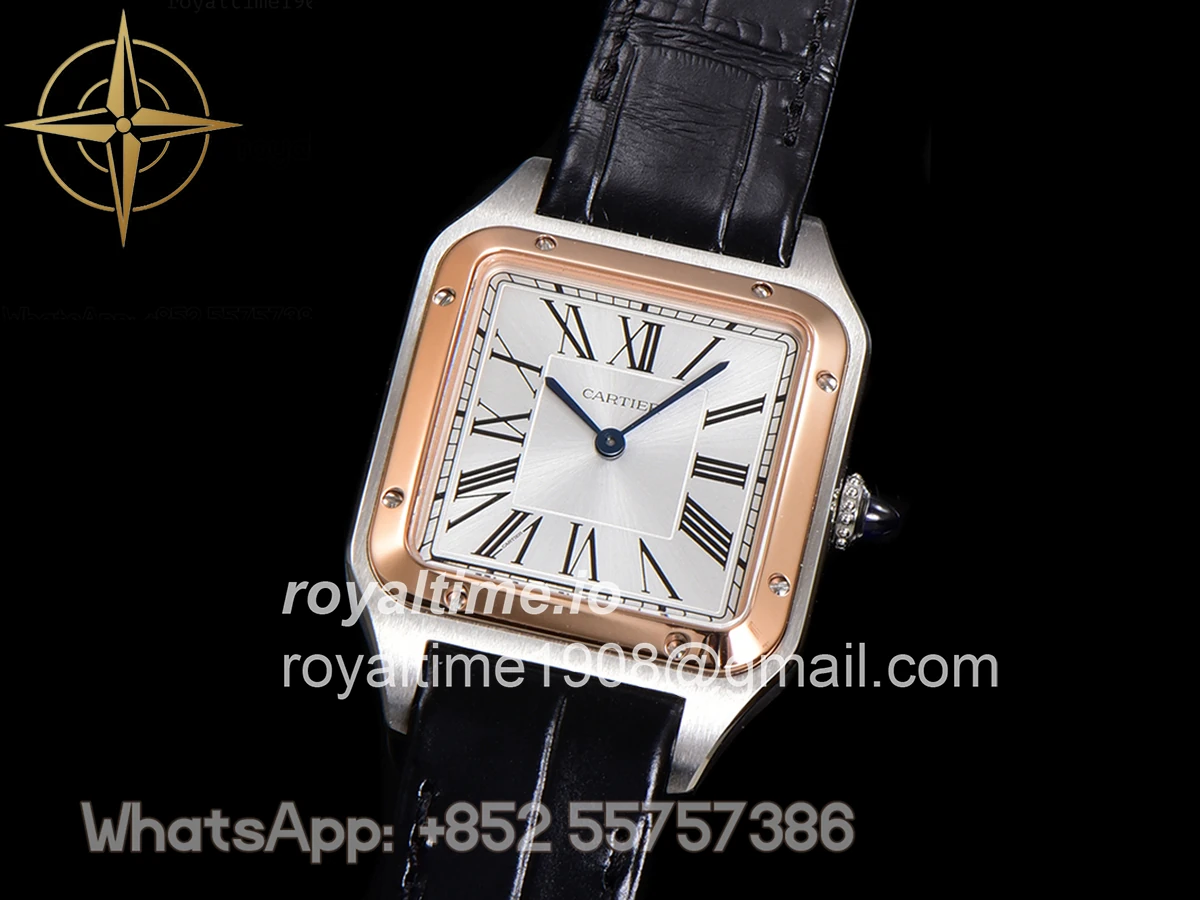Cartier Santos-Dumont (Large) Silver Dial in Steel/Rose Gold on Black Leather Strap Ref. W2SA0011 - Image 4