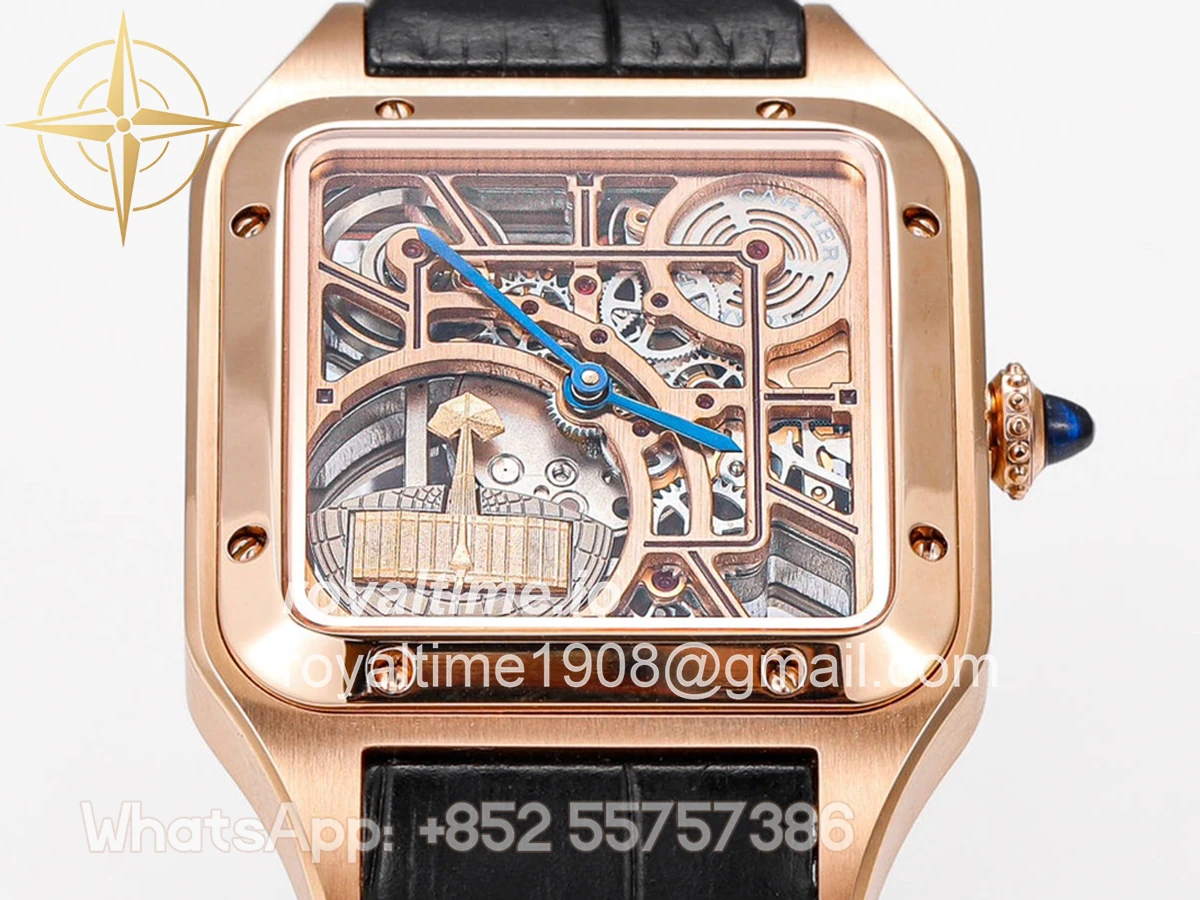 Cartier Santos-Dumont (Large) Skeleton Watch in Rose Gold on Black Leather Strap - Image 4