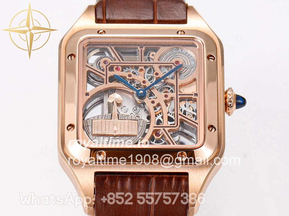 Cartier Santos-Dumont (Large) Skeleton Watch in Rose Gold on Brown Leather Strap - Image 4
