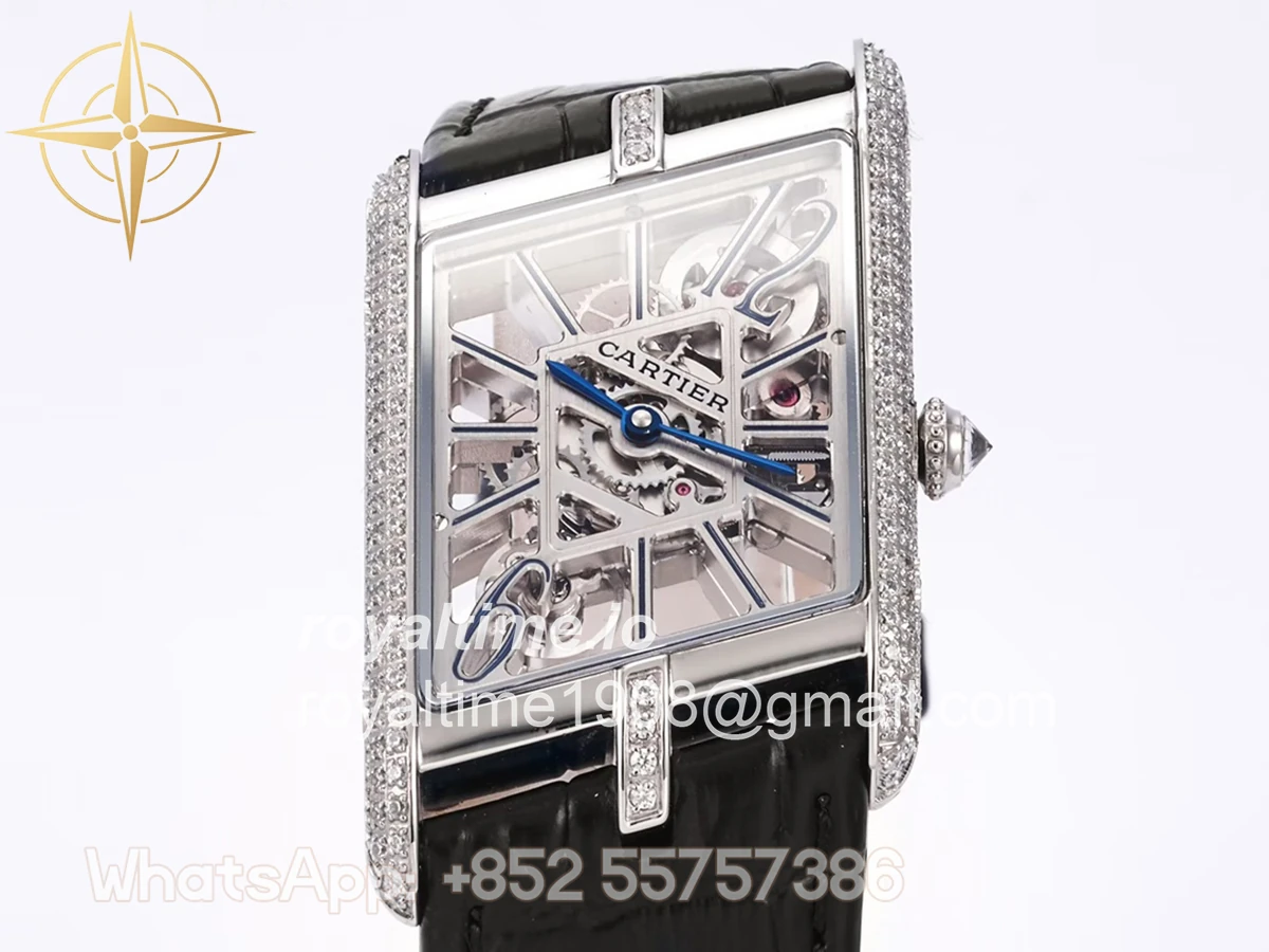 Cartier Tank Asymetrique Watch with Diamond Bezel on Steel in Black Leather Strap - Image 4