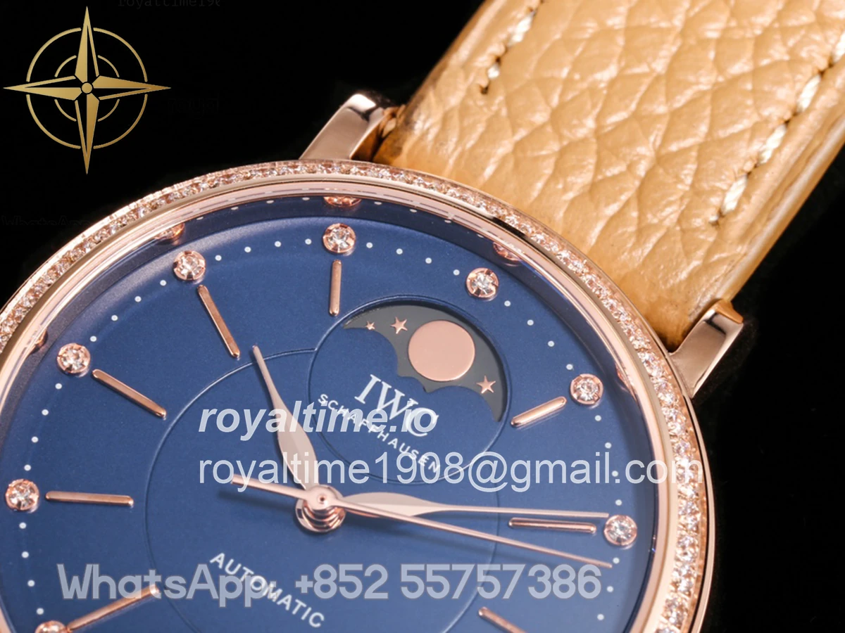 IWC Portofino IW6596 Automatic Moon Phase 37 Blue Dial in Rose Gold on Brown Leather Strap - Image 4