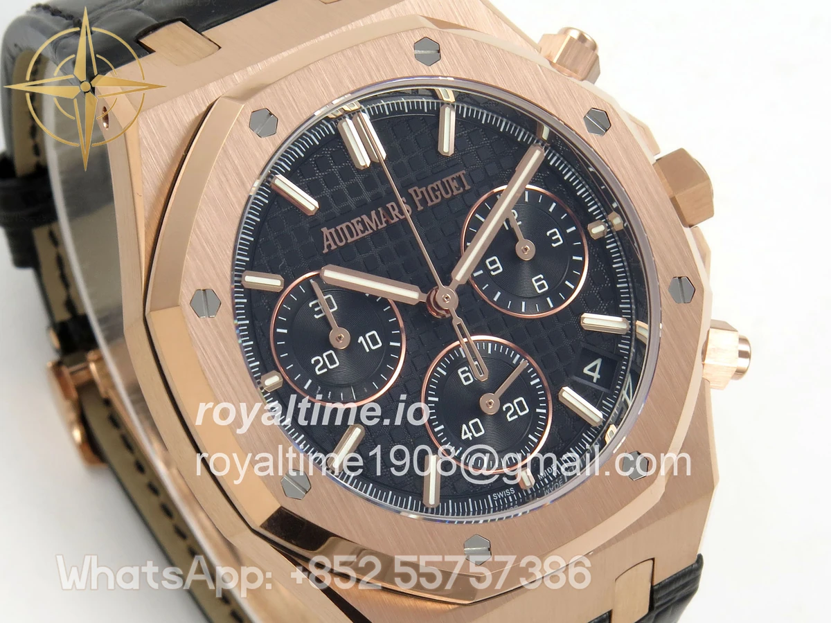 Audemars Piguet Royal Oak Chrono 26240 RG DDF Black Dial on Black Leather Strap DD4401 Gain Weight (SW Dial) - Image 4