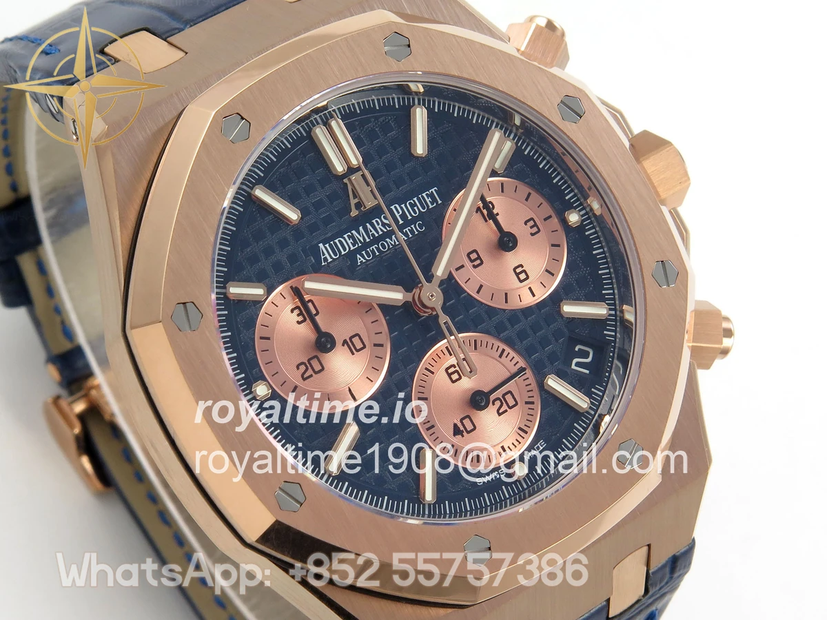Audemars Piguet Royal Oak Chrono 26240 RG DDF Blue/RG Dial on Blue Leather Strap DD4401 (SW Dial) - Image 4
