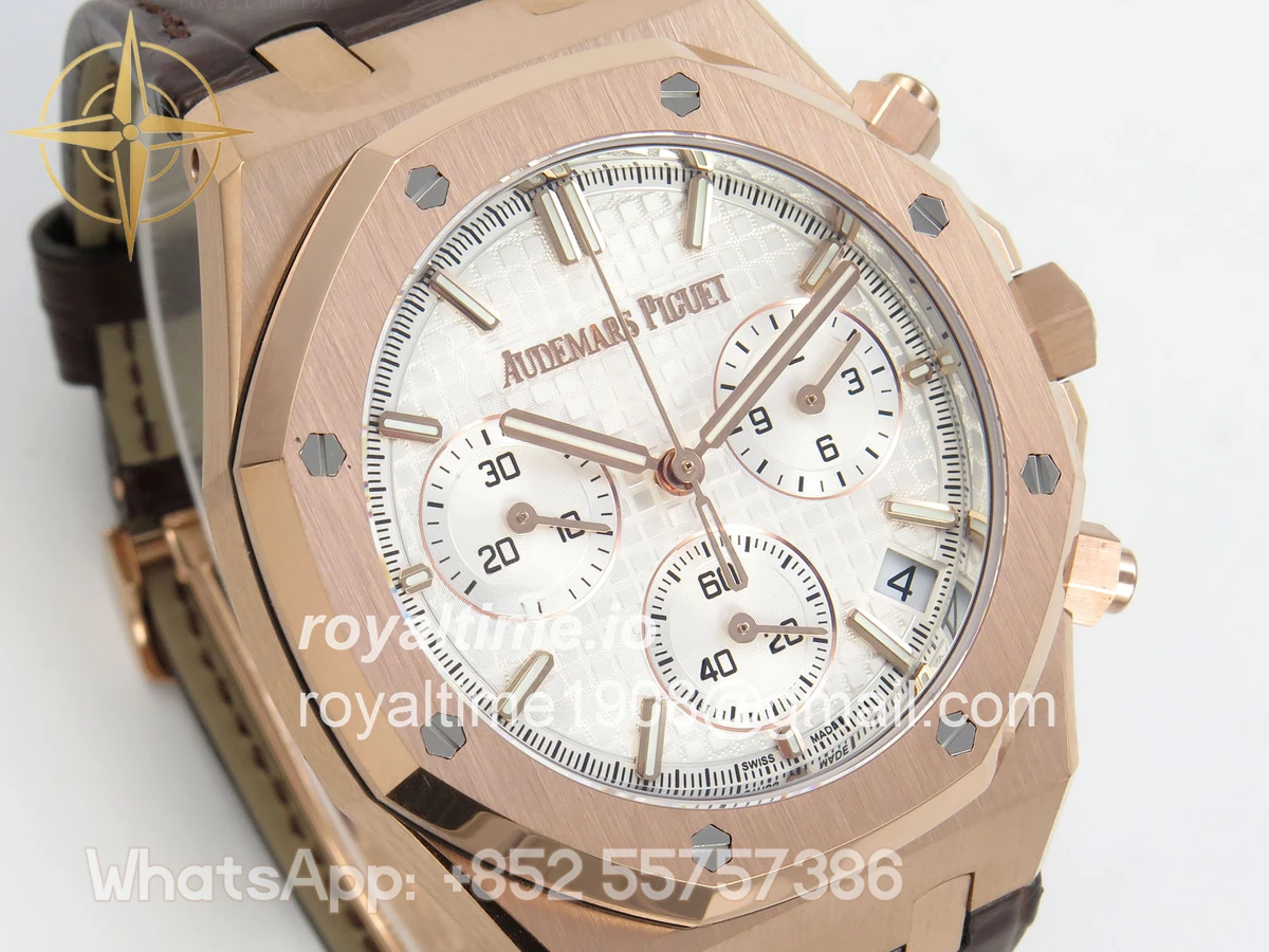 Audemars Piguet Royal Oak Chrono 26240 RG DDF White Dial on Brown Leather Strap DD4401 Gain Weight (SW Dial) - Image 4